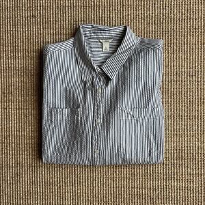 LL Bean Women's Striped Searsucker Button Down Size Large 100% Cotton